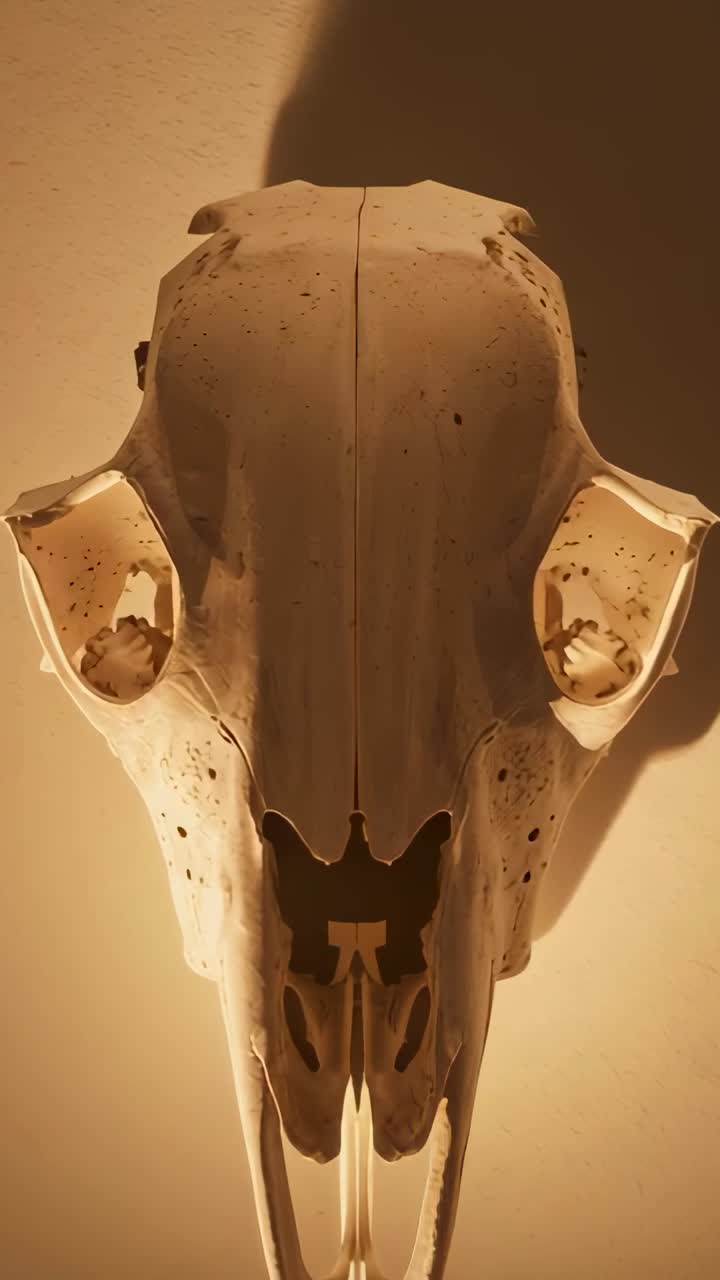 Vertical video: Shifting warm light on plaster wall, casting shadow on bleached skull and screws
