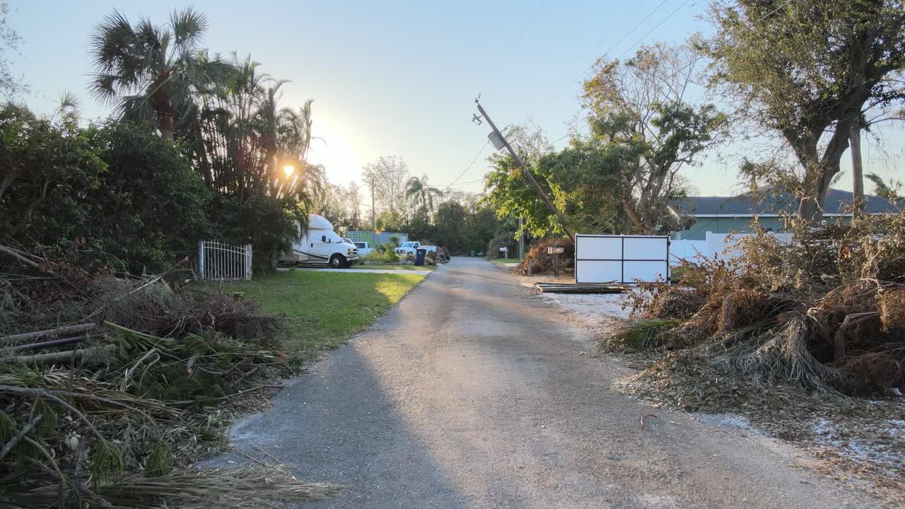Roadside debris and broken power lines in Bradenton, Florida, after Hurricane Milton's impact. Dolly Backward