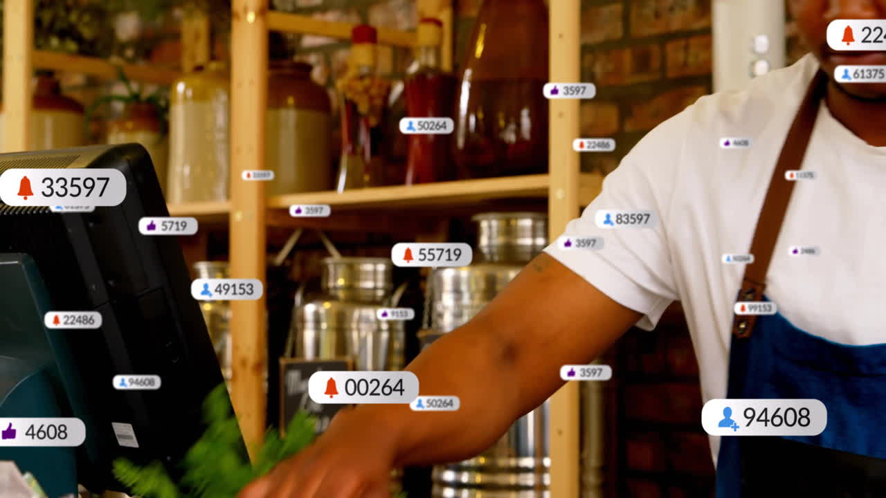 barista handling POS monitor behind coffee shop counter, with floating notification icons and herbs