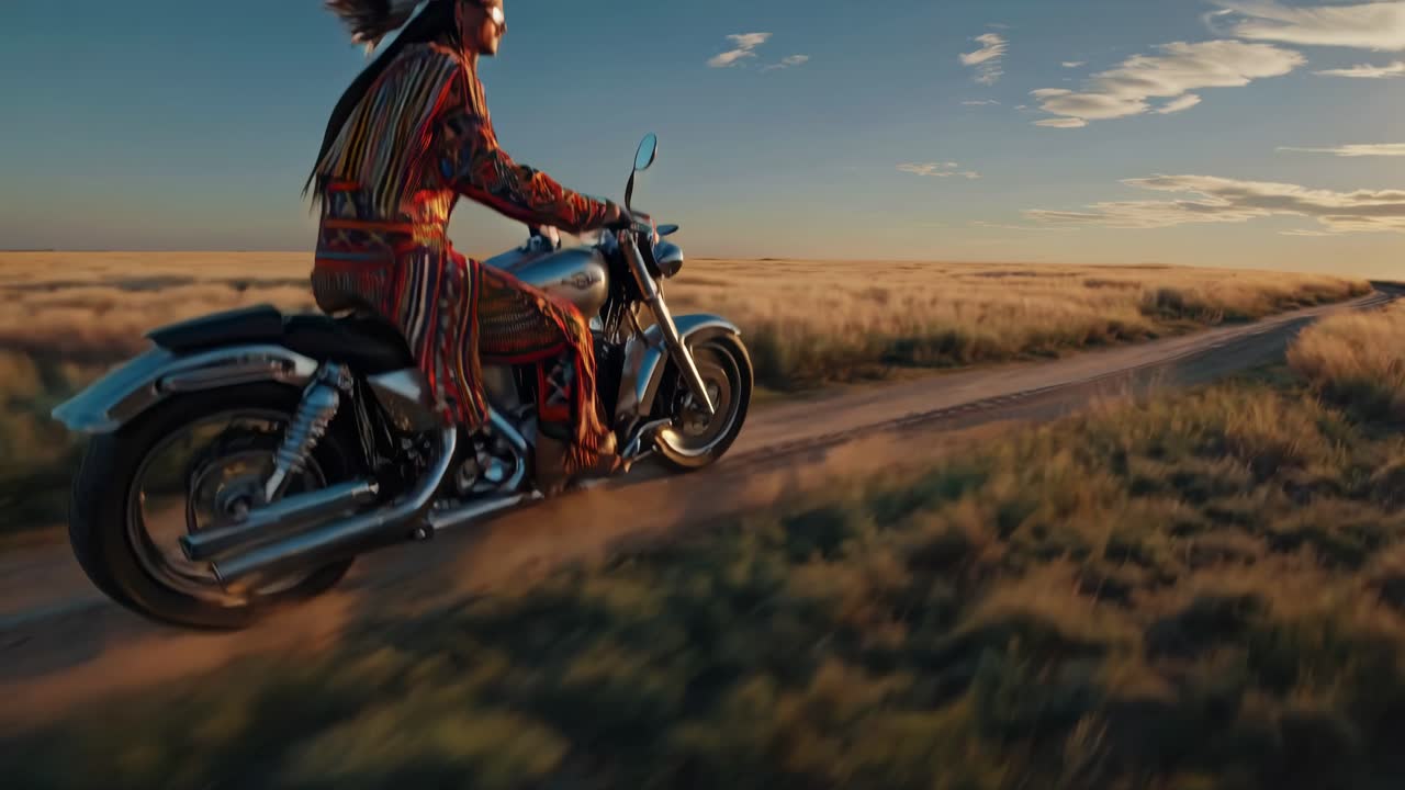 Native American Motorcycle Rider on the Plains at Sunset