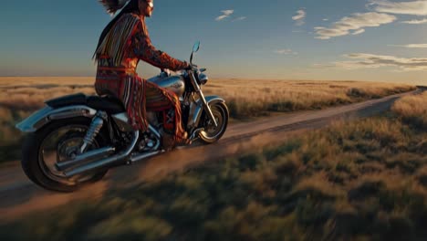 native american motorcycle rider on the plains at sunset