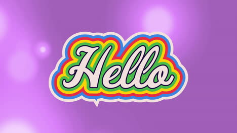 animation of rainbow hello text over neon pattern background