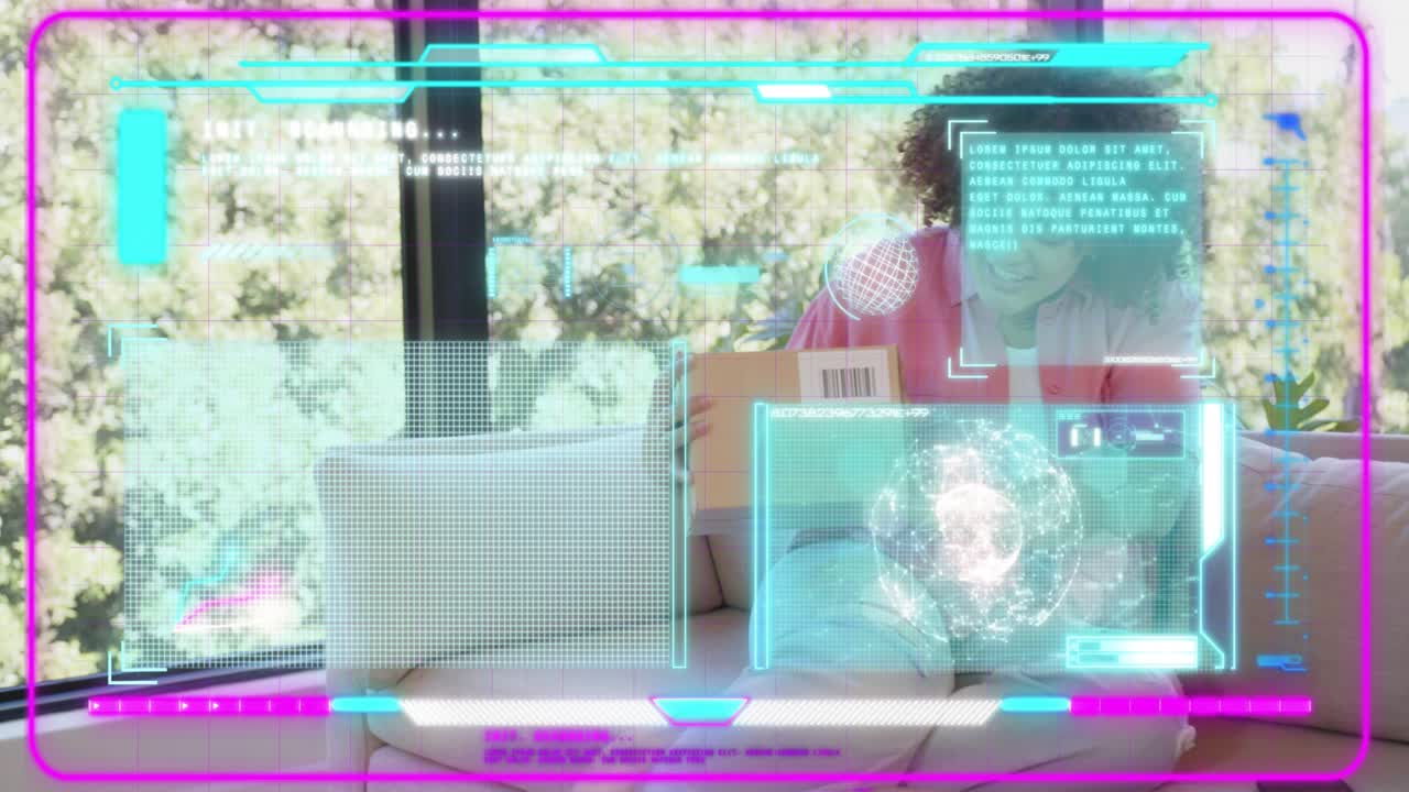 Woman on sofa bringing box forward, tilting barcode while HUD showing retail data to showcase item