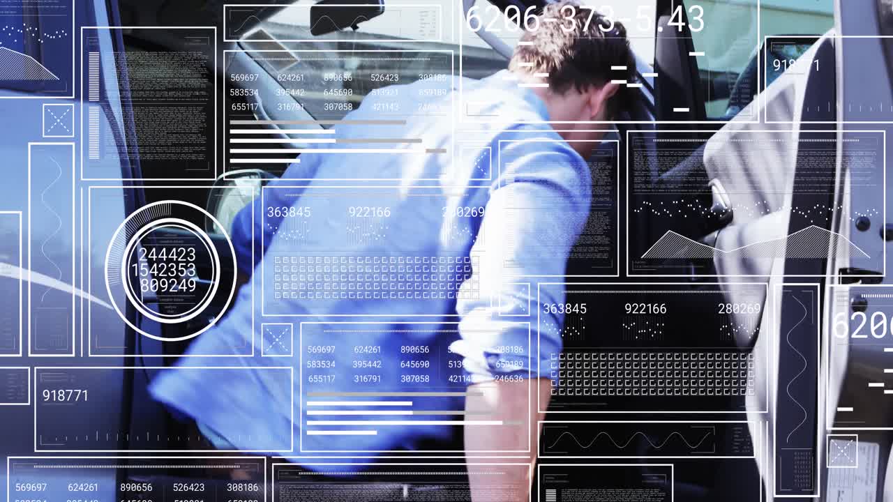 animación de procesamiento de datos sobre hombre discapacitado caucásico saliendo del coche sentado en una silla de ruedas