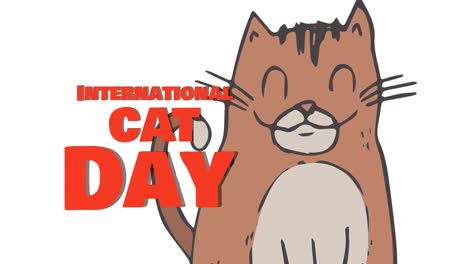 animation of international cat day text over cat icon and white background