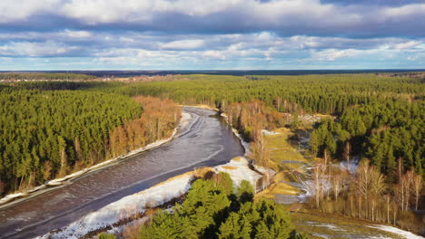 partly frozen river gauja with lush green forests surrounding, valmiera, latvia