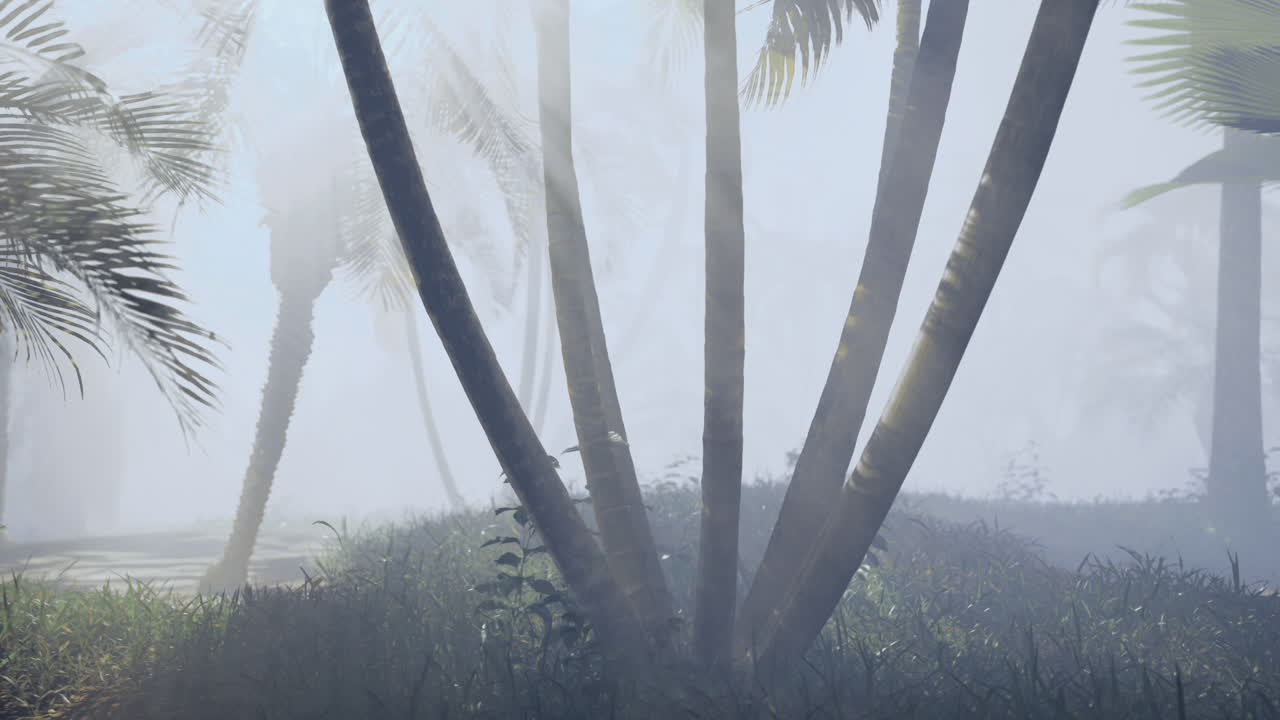 Misty morning light filters through palm trees in a serene landscape