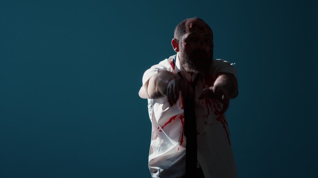 Scary brain-eating monster standing on blue background