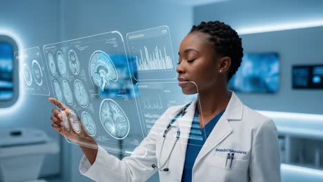 a dedicated medical professional analyzing neuroscience data with advanced tech in a modern healthcare environment, showcasing innovation and expertise in brain imaging