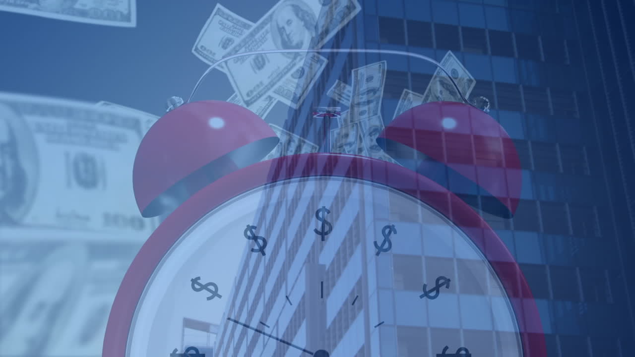 animación de billetes de dólar y despertador sobre el paisaje urbano.