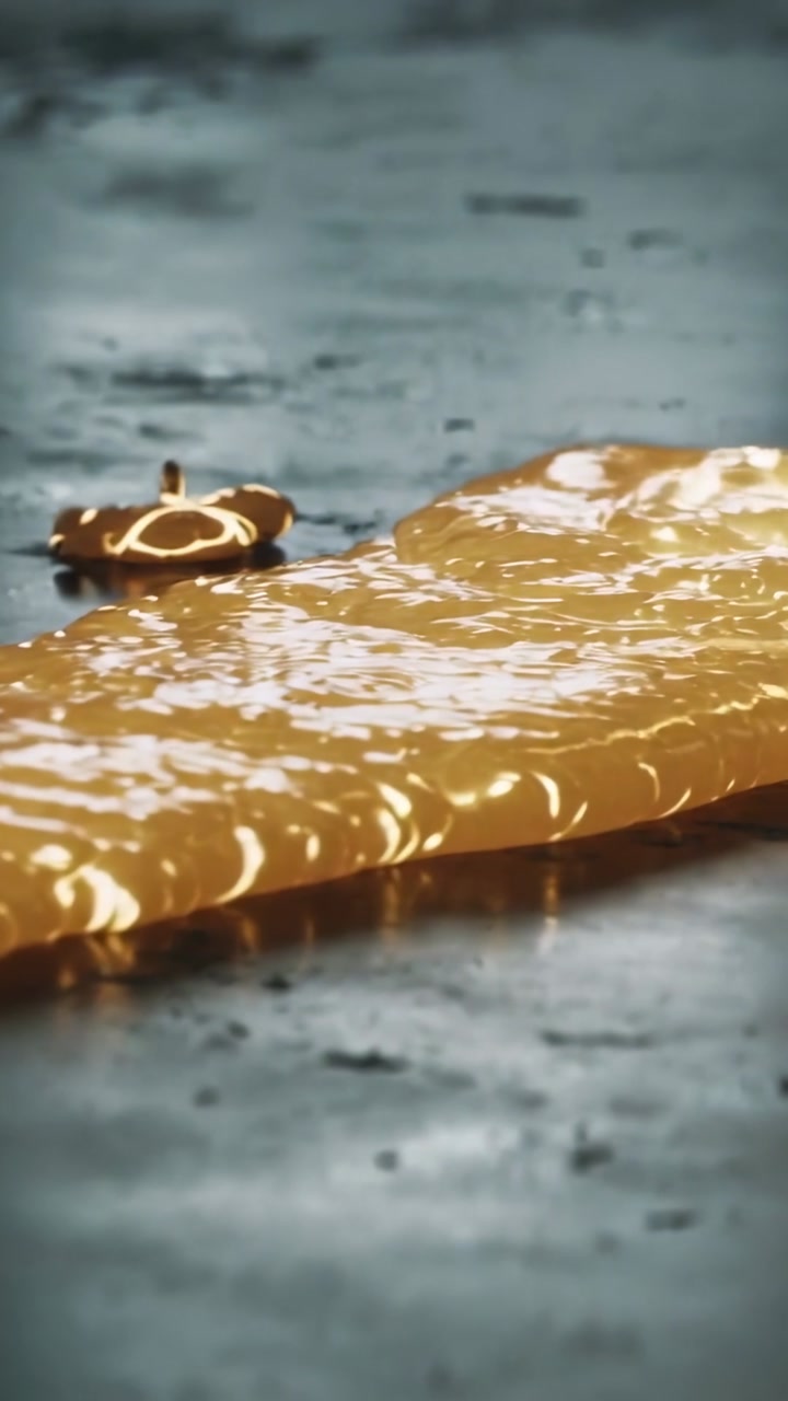 Entering from right, viscous golden liquid flowing across metal plate, passing gear, forming bead