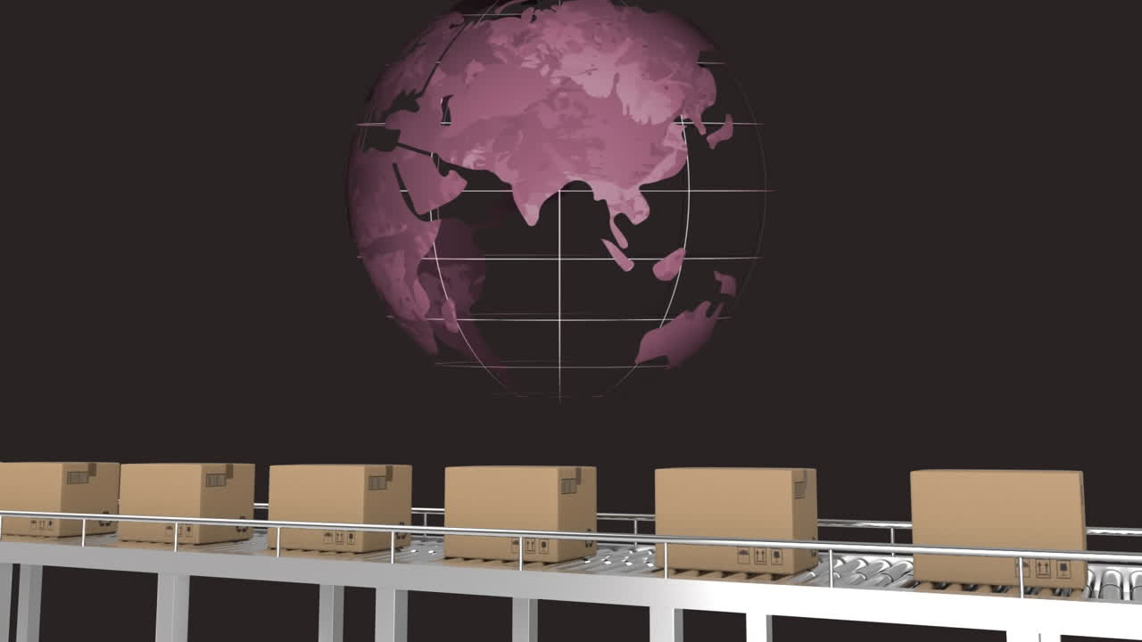컨베이어 벨트에서 움직이는 카드보드 상자 위의 지구의 애니메이션