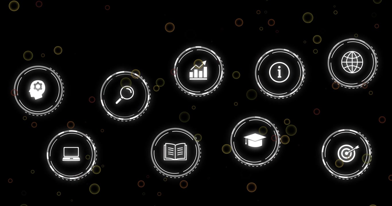 Single left node appearing, circular icons emerging, drifting inward and forming two-row tech grid