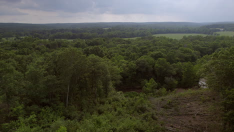 Flyover-trees-and-towards-open-field-and-hills-of-southern-Missouri-on-a-pretty-summer-day