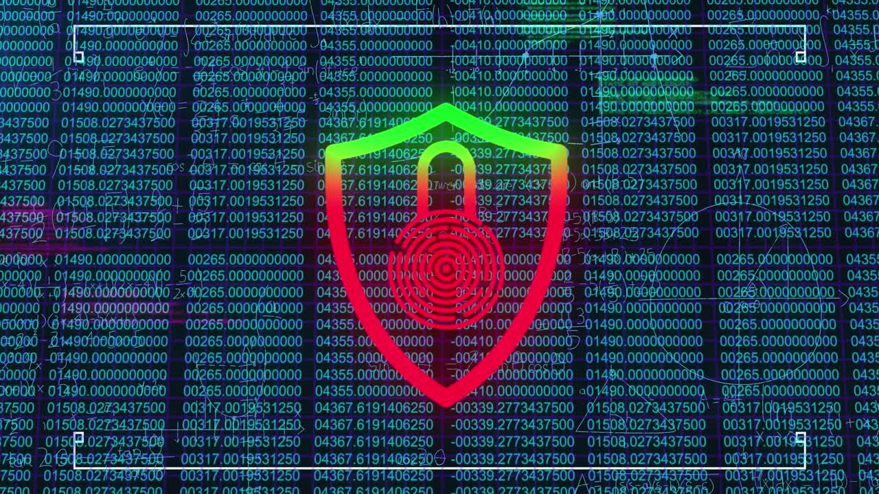 Digital animation of abstract shapes over neon blue like icon on round banner against brick wall
