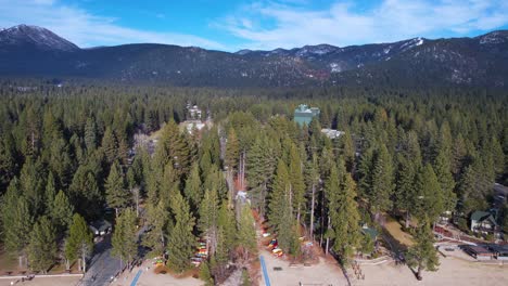 Revealing-Drone-Shot,-Lake-Tahoe-Beach,-Coastal-Pine-Forest-and-Hills-on-Sunny-Winter-Day,-California-USA