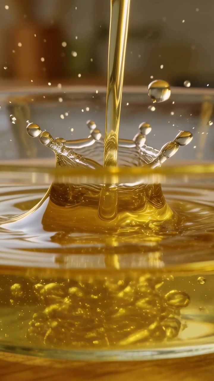 Video verticale: Beccuccio che si inclina e versa, getto che crea uno schizzo a corona in una ciotola da cucina per raccogliere l'olio