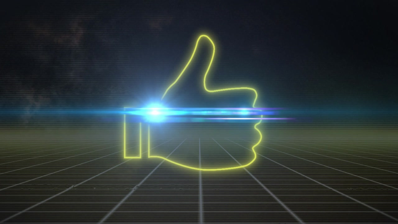 3D render glowing neon yellow thumbs-up floating above grid plane, showing blue purple lens flares