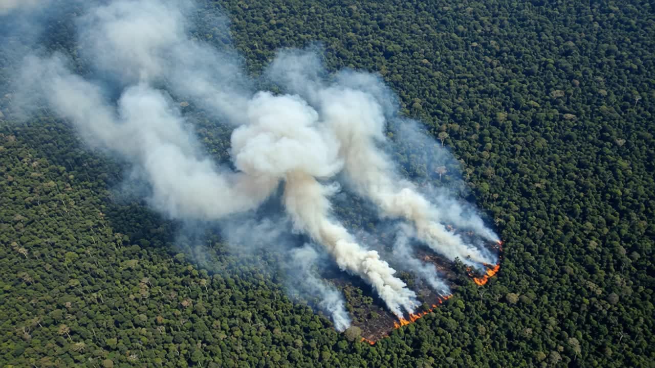 Aerial View of Forest Fires Emitting Thick Smoke over Dense Greenery, Highlighting the Environmental Impact of Wildfires and Deforestation in a Lush Landscape