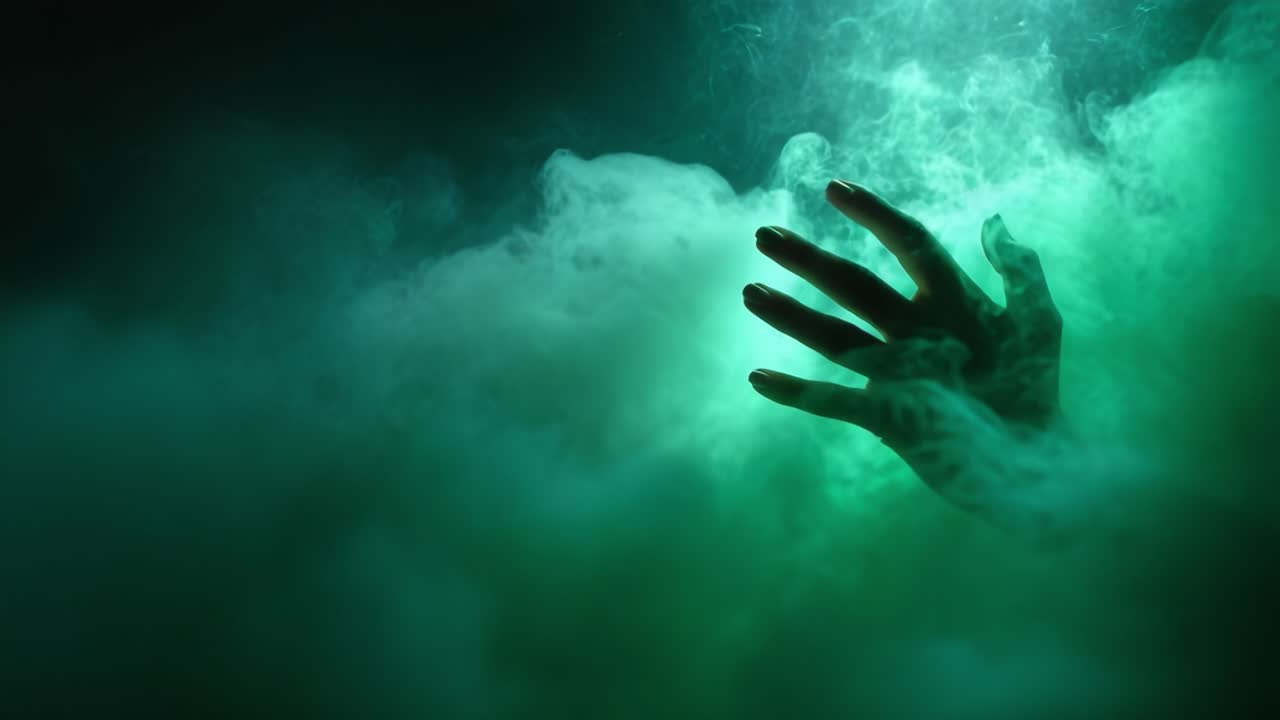A Mysterious Hand Emerges from the Ethereal Green Mist, Capturing the Essence of Enchantment and Intrigue in a Mystical Atmosphere