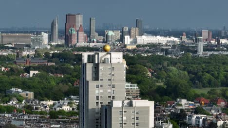 The-Hague-City-Skyline,-Sunny-Day,-Circulating-Establishing-Arial-Shot