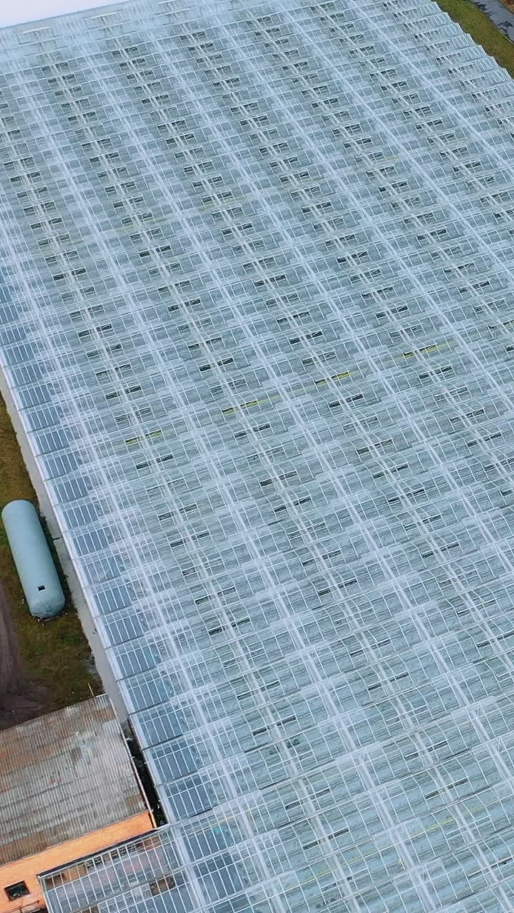 Aerial View Flying Over Large Greenhouse With Vegetables, Greenhouse With Transparent Glass. Technical and administrative buildings. Vertical video
