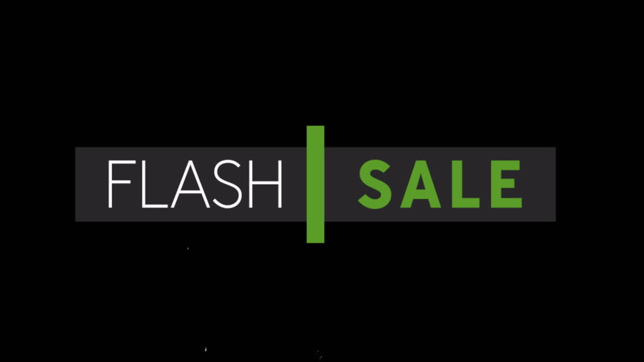 animación de texto de venta flash con colores verdes y blancos sobre fondo negro
