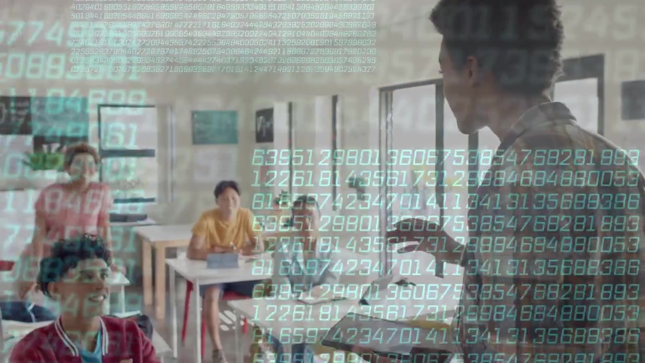 Presenter starting lesson holding tablet overlaying numeric data, teaching data, eliciting nods