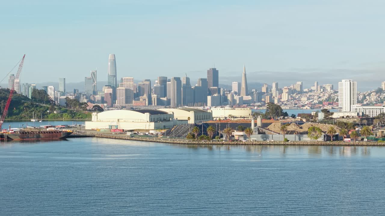 A lockdown aerial drone shot of Treasure Island during sunrise. Shot in 4K.