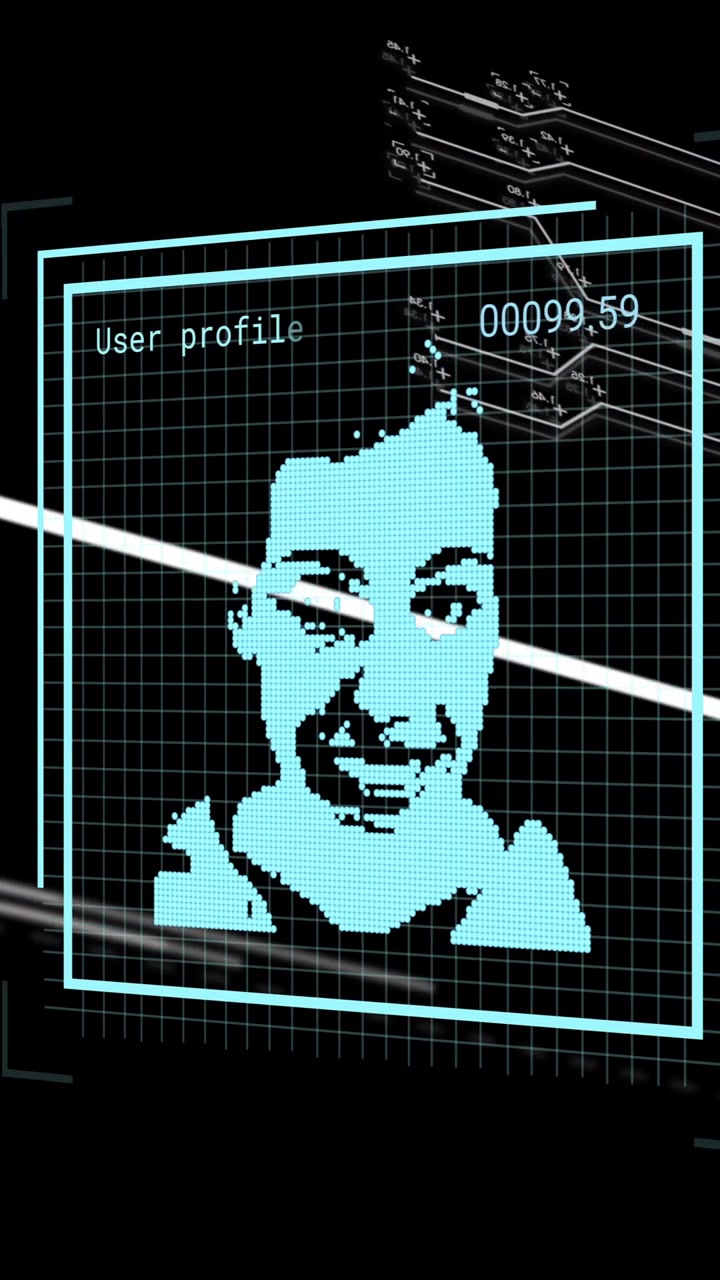 Digital face scan with data processing animation over black background
