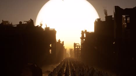 middle-eastern-dressed-refugees-walking-out-from-a-destroyed-ruined-city-with-debris-and-smoke-all-around-and-a-huge-sunset-and-the-background,-3D-animation,-animated-scene,-camera-zoom-out