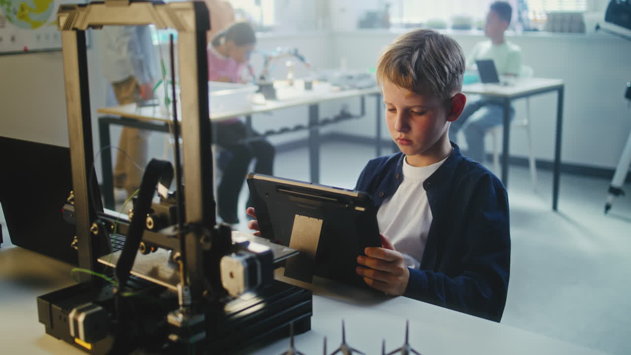 Student using tablet in a technology classroom