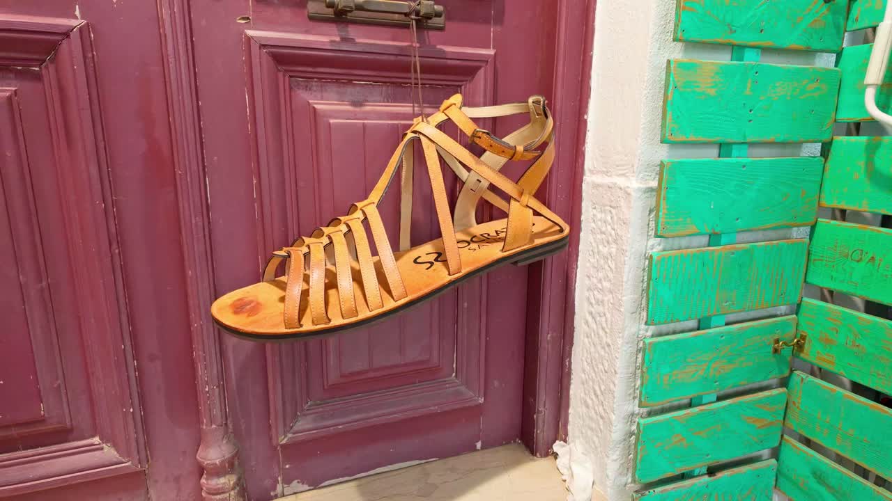 Giant leather sandal, quirky handcrafted branding on shop door