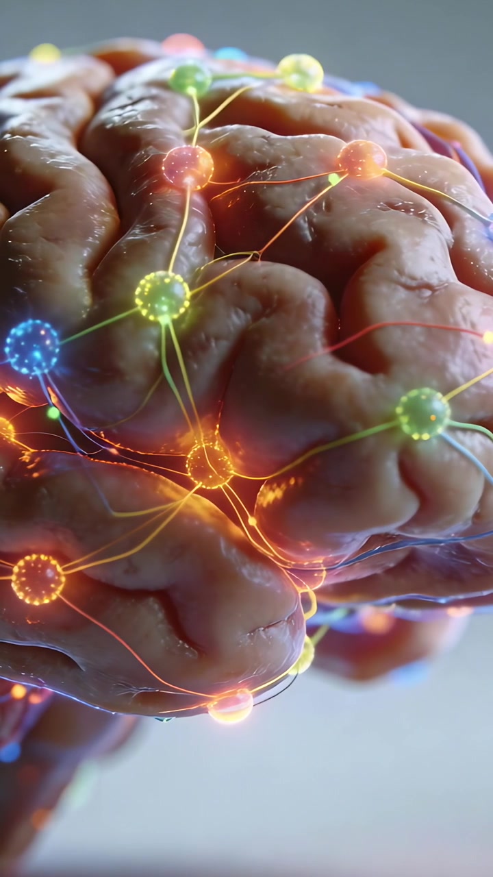 Vertical video: Brain model showing nodes glowing and strands pulsing in studio for network view