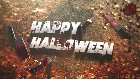 Animation-text-Happy-Halloween-on-mystical-horror-background-with-dark-bloody-and-knifes