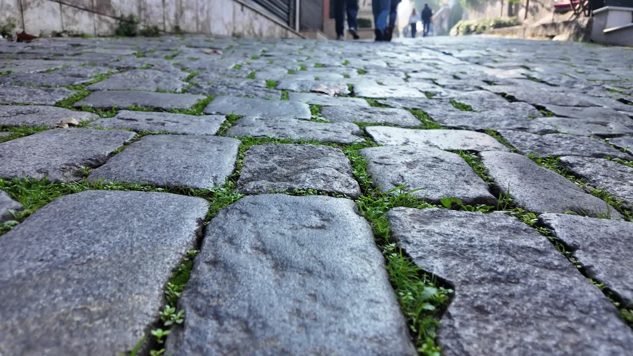 Textured Cobblestone Street with Green Grass and People Walking