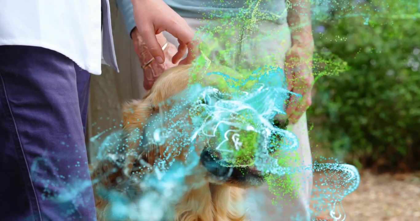 Proprietari che accarezzano un retriever in giardino; l'accarezzare crea un vortice blu-verde sul muso, mostrando la cura dell'animale domestico.