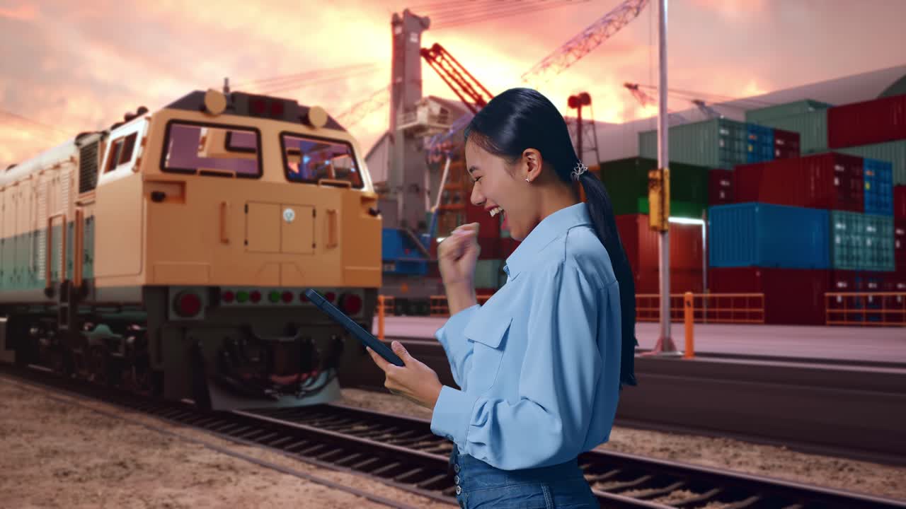 Side View Of Asian Female With Her Tablet With Freight Cargo Train At Port, She Raises Her Fist Up With Screaming Goal After Check On The Tablet