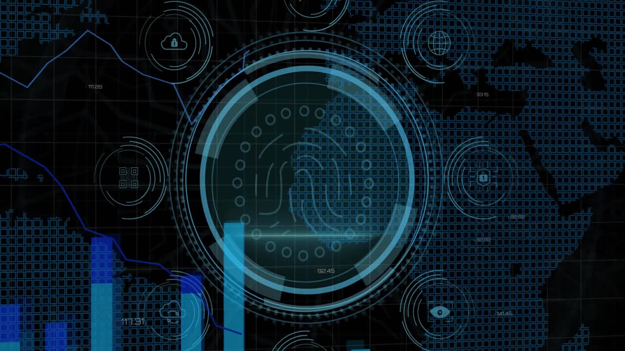 Animation of data protection and fingerprint in circle over graph on black background