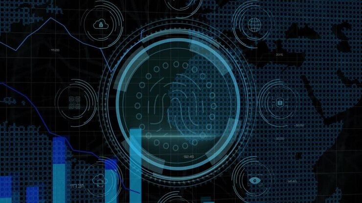 Animation of data protection and fingerprint in circle over graph on black background