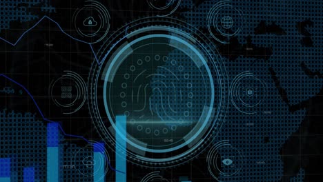Animation of data protection and fingerprint in circle over graph on black background