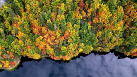 Un-Río-Sinuoso,-Cuya-Superficie-Es-Un-Reflejo-Vidrioso-De-Un-Cielo-Azul-Claro,-Serpentea-A-Través-De-Un-Vibrante-Bosque-Otoñal-En-Llamas-Con-Rojos-Ardientes,-Amarillos-Dorados-Y-Naranjas-Intensos.