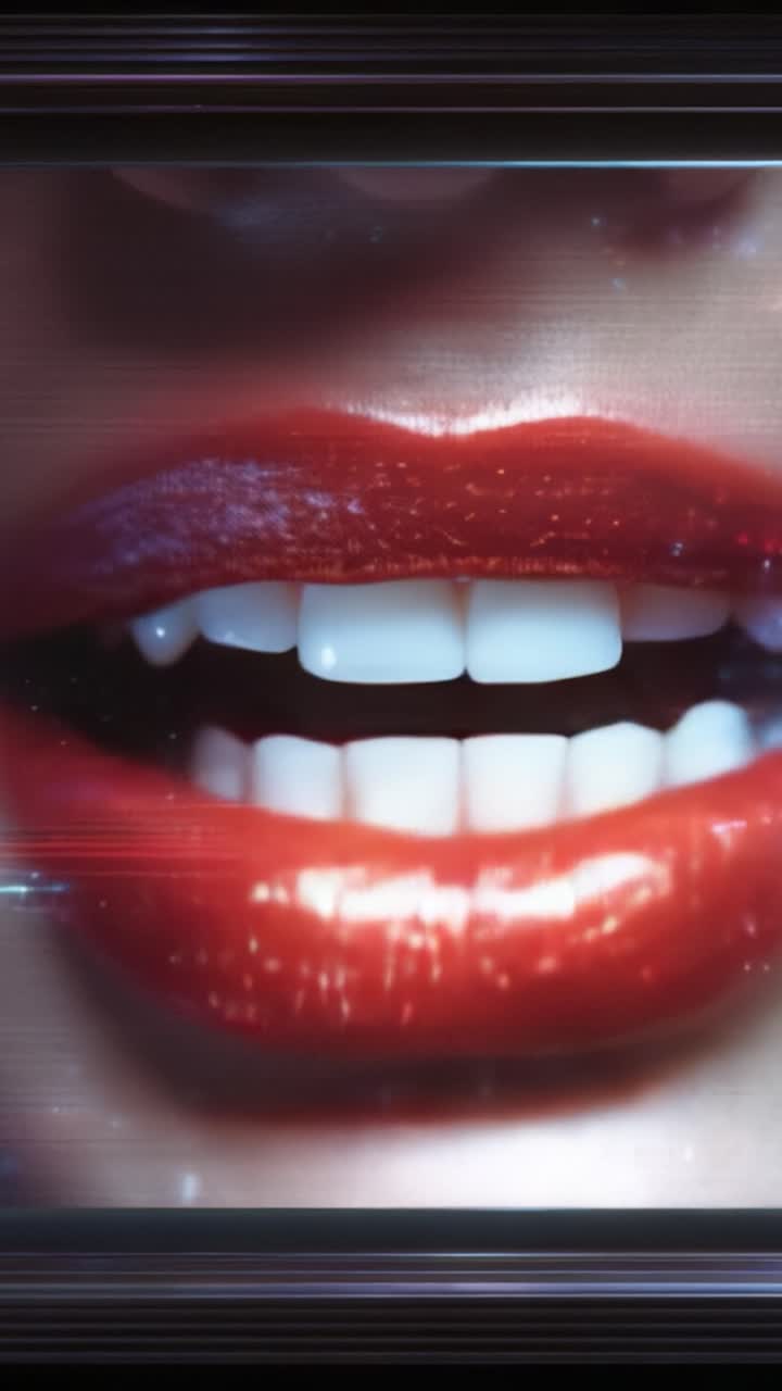Un primo piano di labbra rosse voluttuose e scintillanti, immortalate in un'inquadratura visiva mozzafiato che celebra il glamour e la bellezza con uno stile marcatamente artistico.