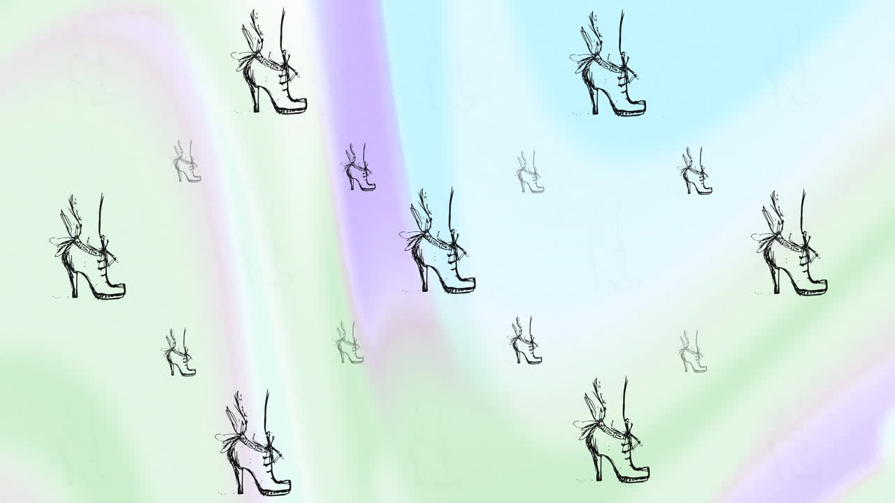 다채로운 배경에 신발의 검은 그림의 애니메이션