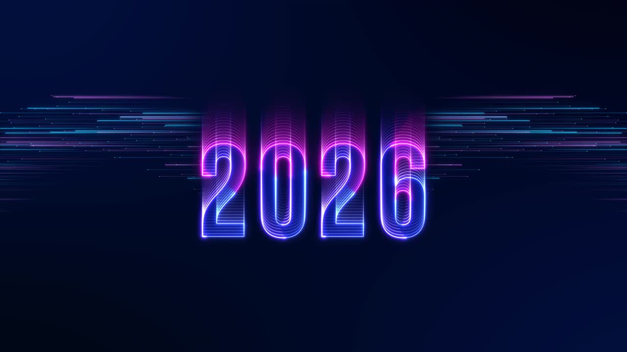 Sfondo animato digitale neon tecnologico futuristico di Capodanno, auguri di buon anno 2026