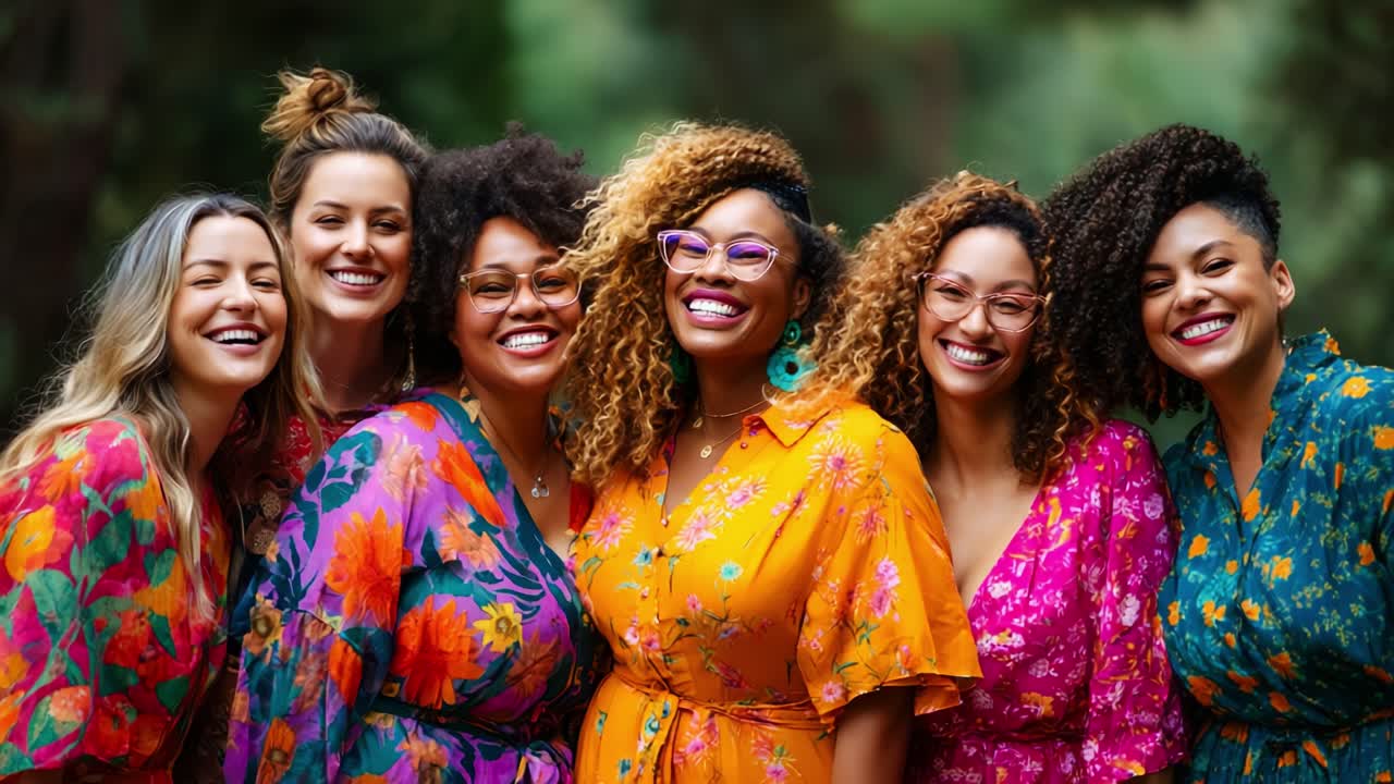 Uma celebração vibrante de amizade e alegria: seis mulheres em vestidos florais coloridos compartilham risadas e sorrisos em um ambiente alegre ao ar livre