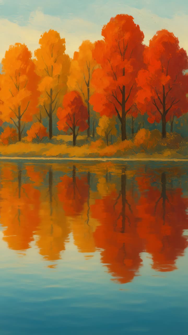 Vibrant autumn trees reflected in a serene lake, captured from a low ...