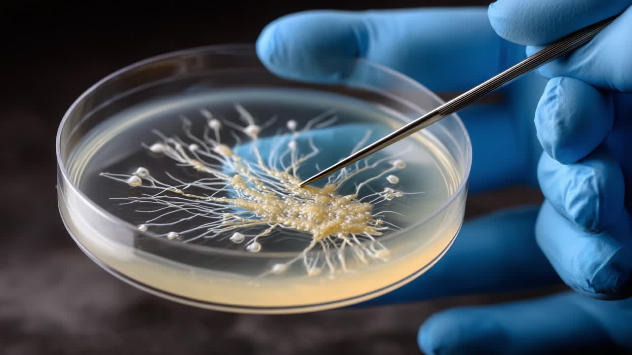 Exploring Microbial Growth: Detailed Examination of Mycelial Structures in a Petri Dish Under Laboratory Conditions