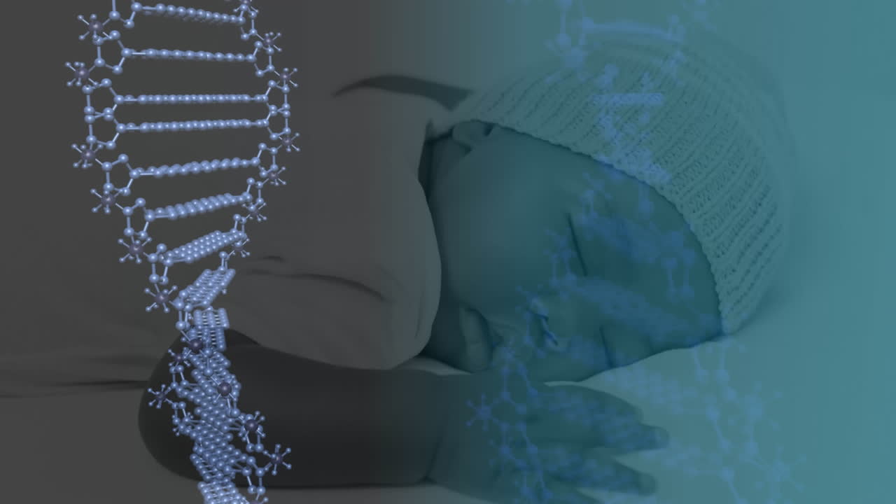 잠자는 아기 위에서 회전하는 3d 파란색 dna  ⁇ 의 애니메이션