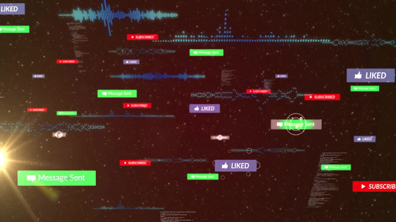 검은색 배경의 밝은 점 위에 텍스트와 데이터 처리를 가진 소셜 미디어 아이콘의 애니메이션